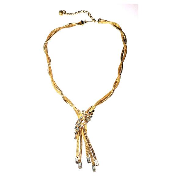 Vtg FJJ Signed Multi Strand Mesh Gold Tone Baguette Rhinestone Y Drop Necklace - Picture 1 of 8
